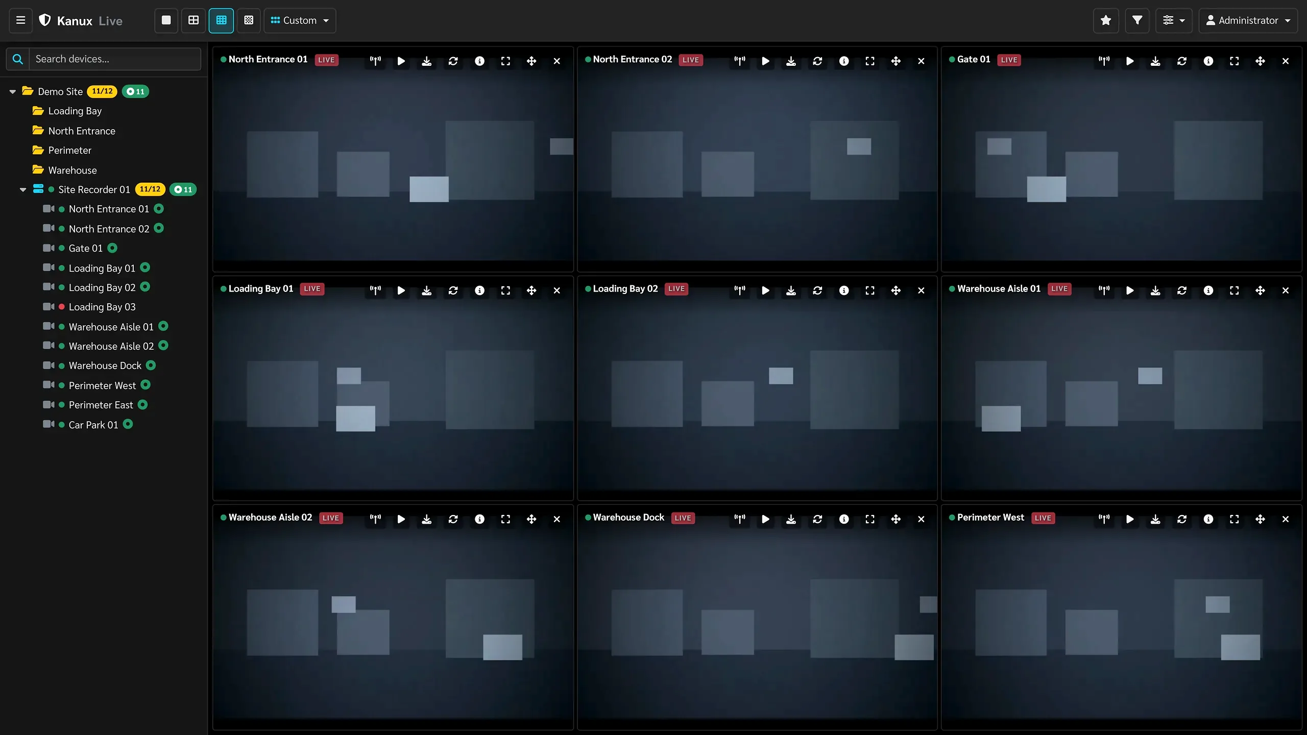 The Karnux live monitoring wall: a three by three grid of camera tiles, each labelled and marked live, beside the site and device tree.