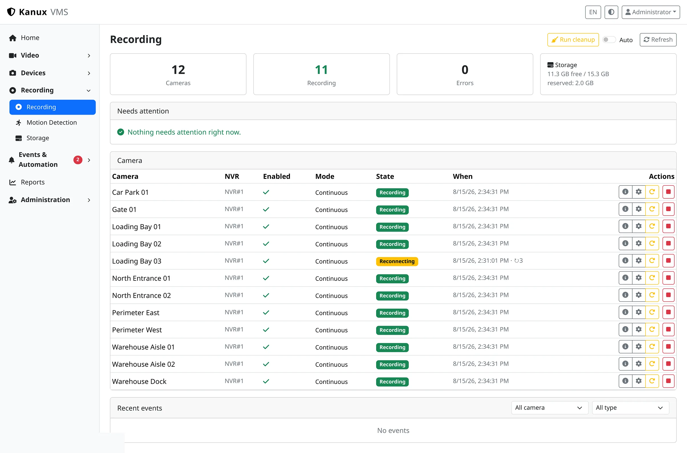 The Karnux recording page showing camera, recording and error counts, storage capacity, and per-camera recording state including one camera reconnecting.