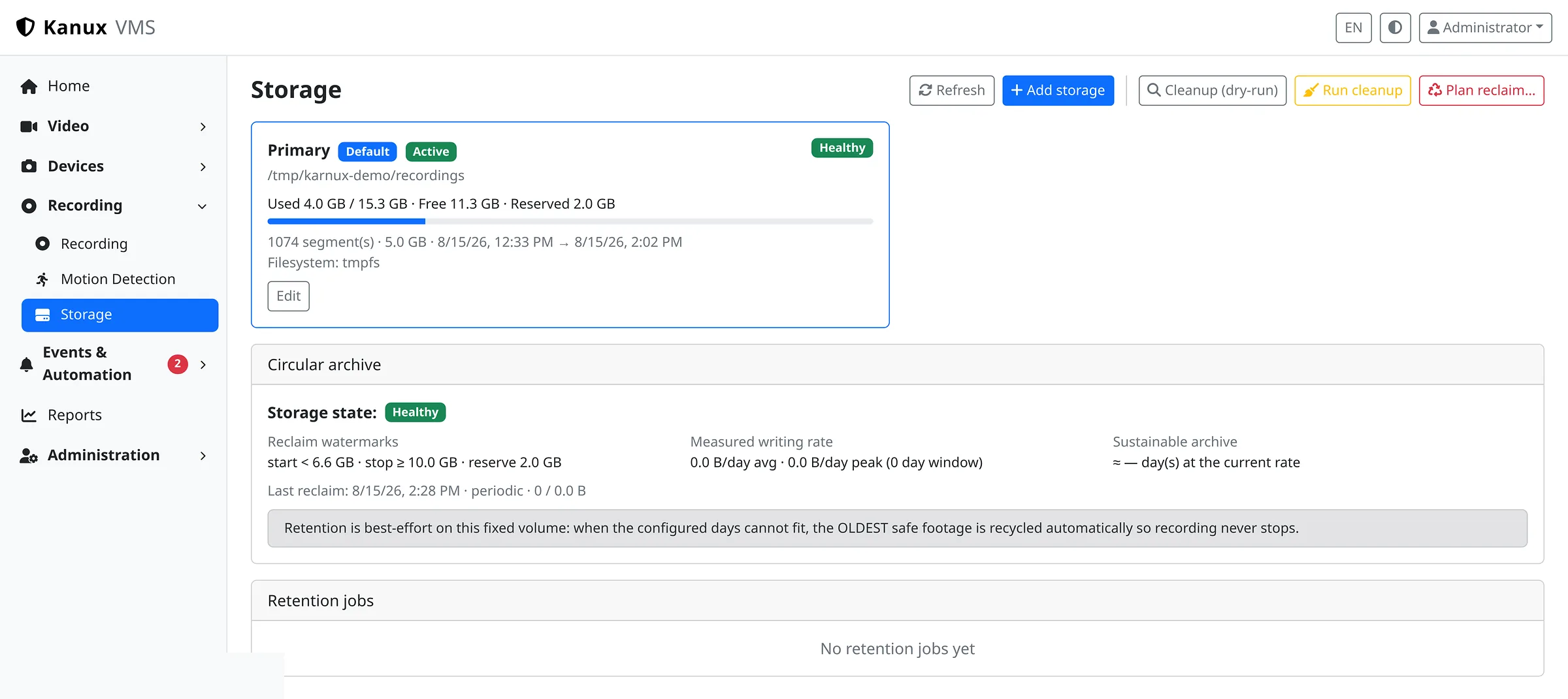 The Karnux storage page showing the recording volume with used and free capacity, reclaim watermarks, circular archive state and retention jobs.